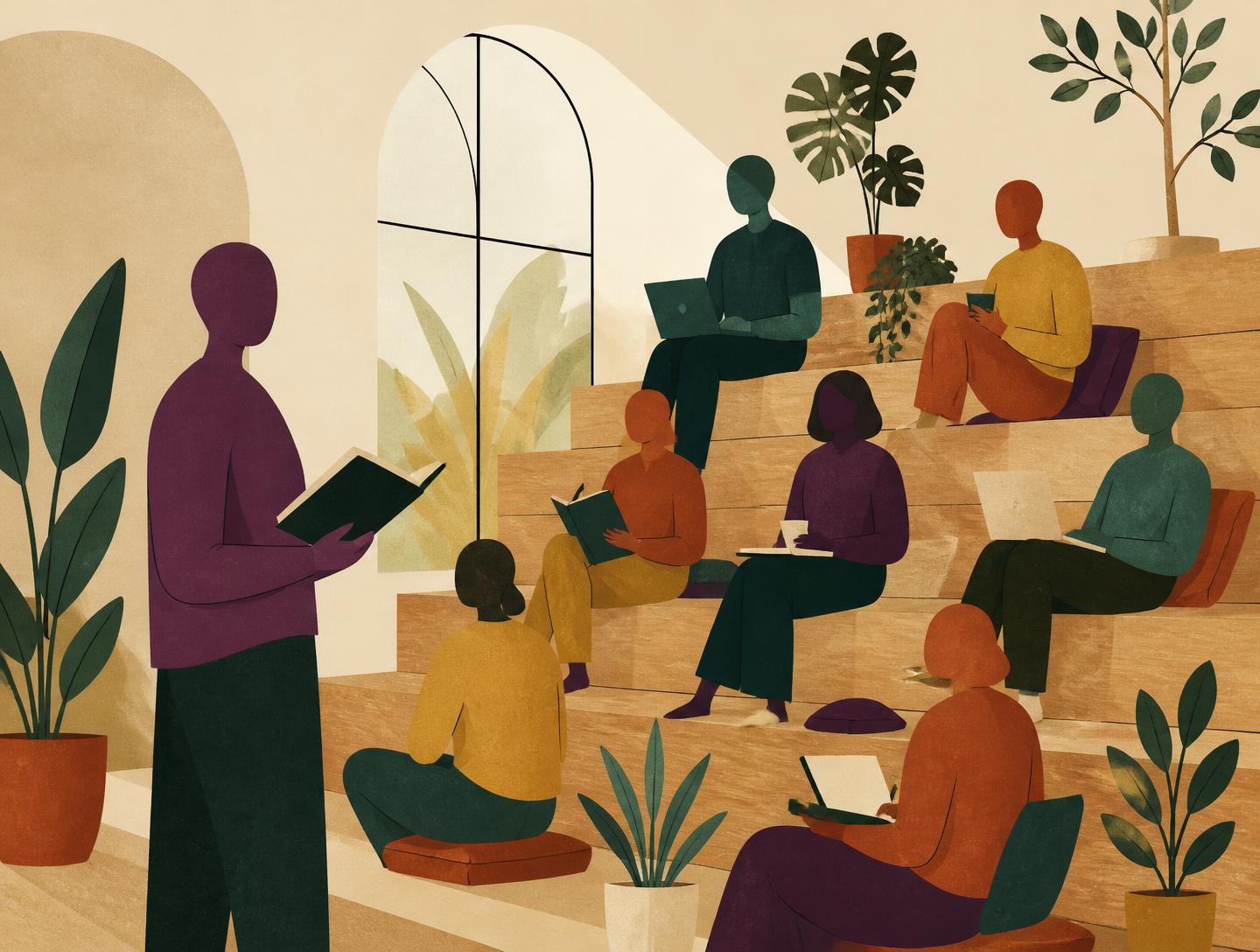 A dozen founders and operators seated on tiered wooden amphitheater steps in a sunlit loft, in conversation with a speaker at the front