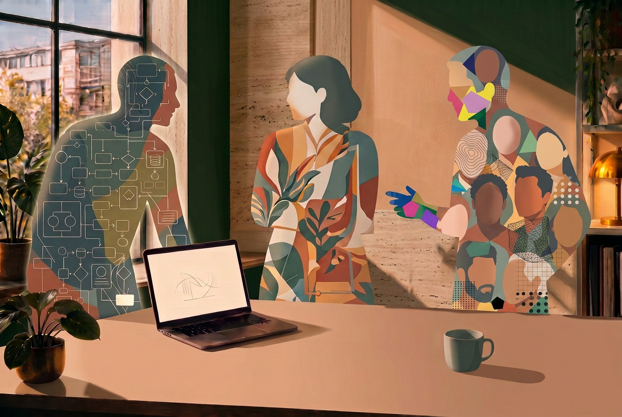 A modern product studio with collage figures, laptops, and a connected three-circle Venn