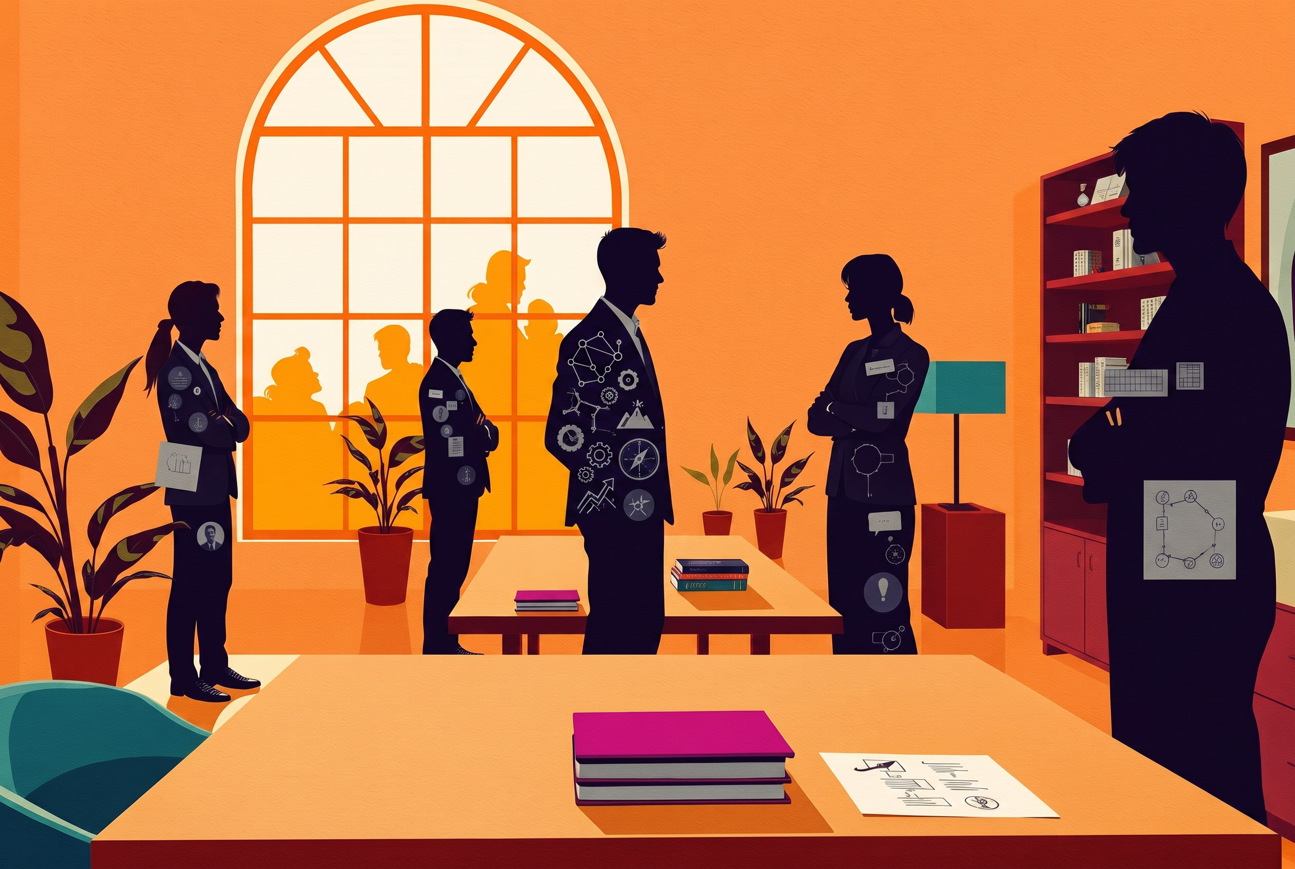 Faceless editorial collage of leaders collaborating around a table