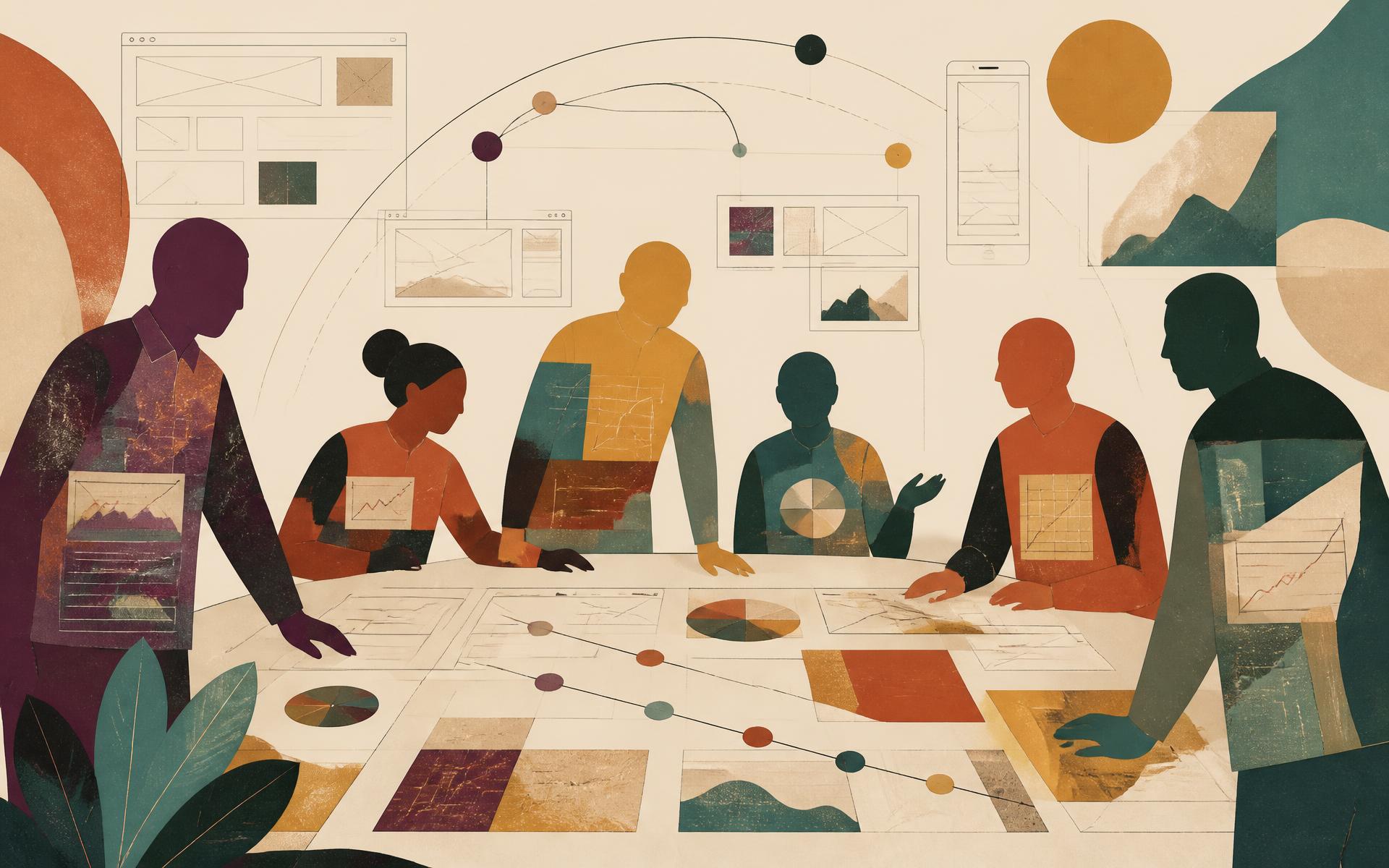 Editorial collage of abstract figures around a product strategy table, filled with wireframes, roadmaps and value curves