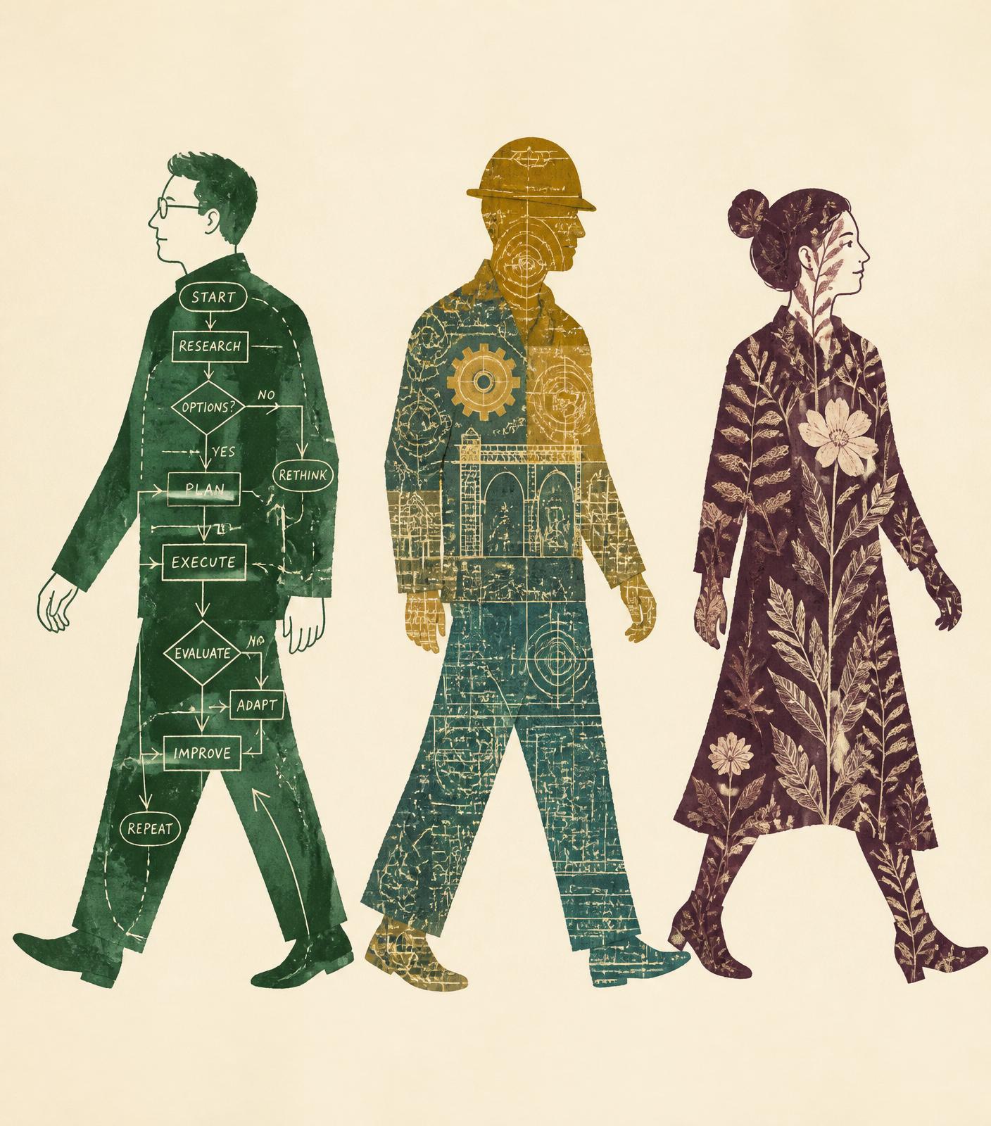 Three collage figures walking, each filled with a different vivid inner world